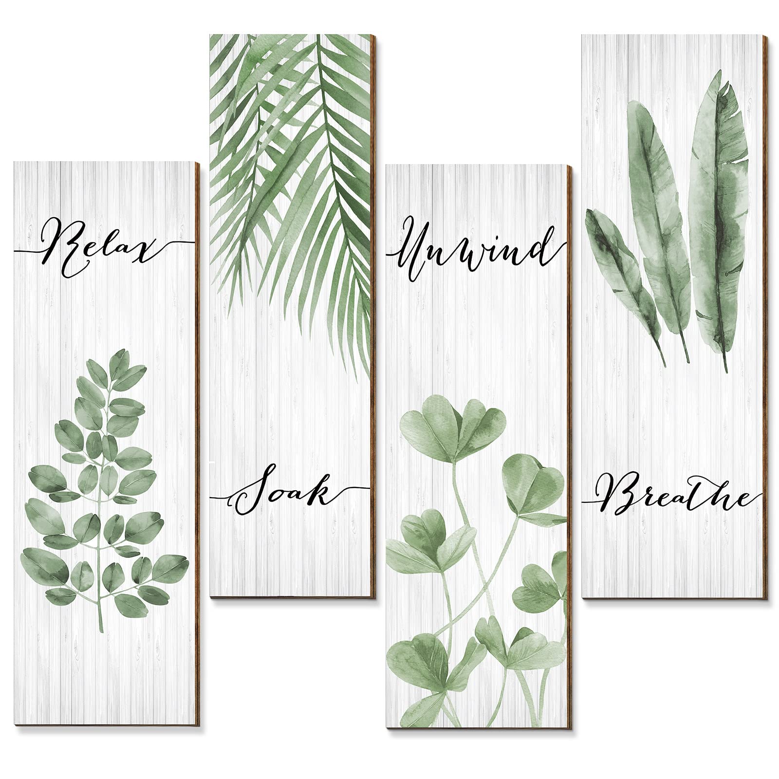 Yookeer Bathroom Wall Decor 4 Pieces Relax Soak Unwind Breathe with Boho Leaf Art Print Minimalist Sign Botanical Wooden Hanging