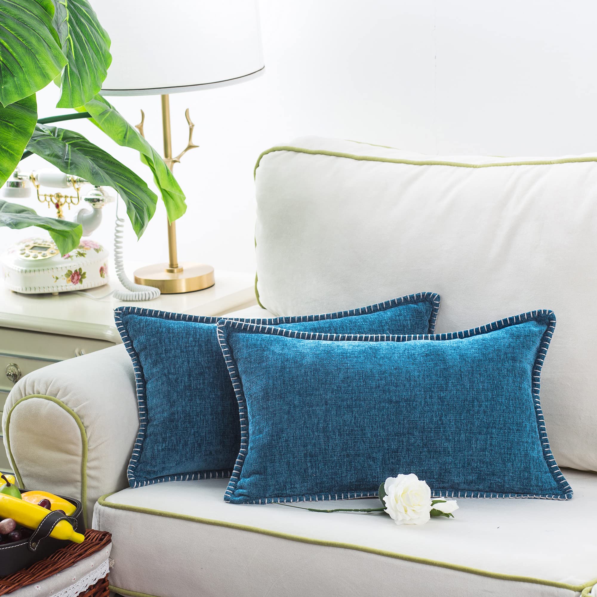 Calitime Throw Pillow Cases Pack Of 2 Cotton Thread Stitching Edges Solid Dyed Soft Chenille Cushion Covers For Couch Sofa Home