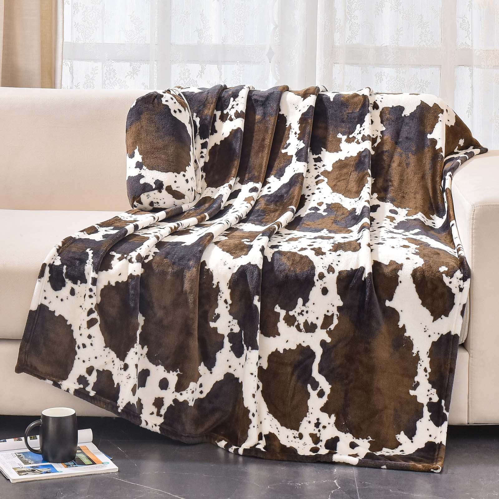 Bnuitland Brown Cow Print Flannel Blanket (60X80 Inches) With Cow Storage Pouch,300 Gsm Double Sided Twin Size Bed Fleece Throw,
