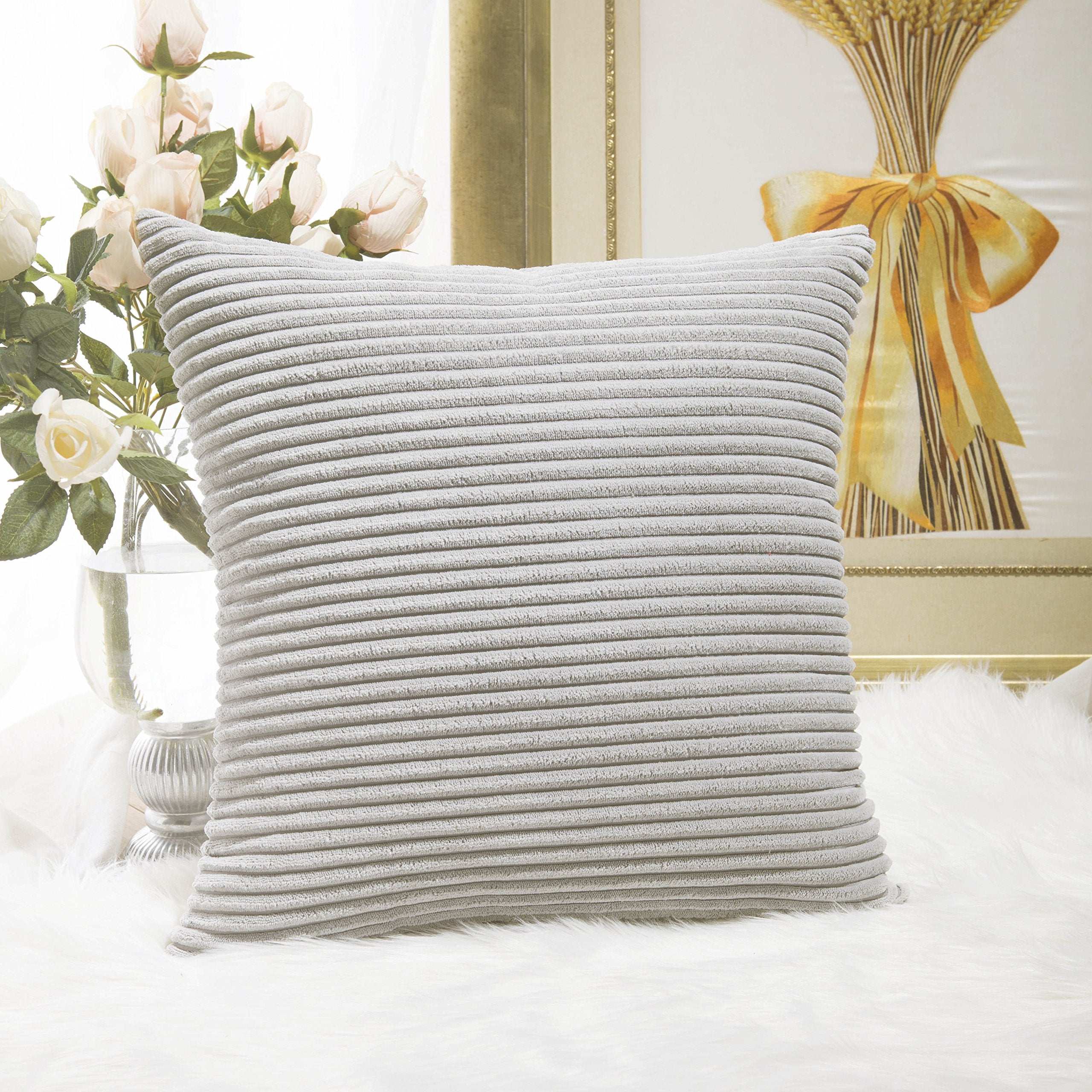 Home Brilliant Striped Velvet Cushion Cover For Chair Supersoft Handmade Decorative Pillowcase, Light Grey, 18'X18'(45Cm)