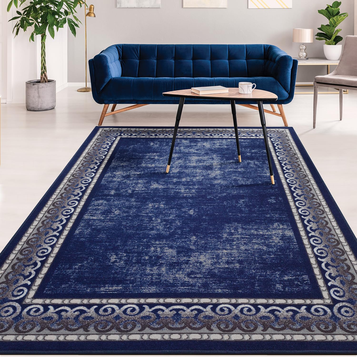 Antep Rugs Alfombras Bordered Modern 4x6 Non-Slip (Non-Skid) Low Pile Rubber Backing Indoor Area Rug (Navy, 4 x 58)