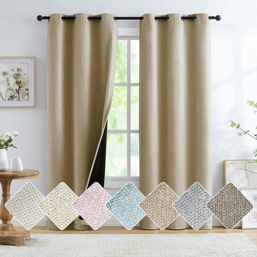 Full Blackout Rustic Curtains for Bedroom, Brown, Vintage Burlap Linen Textured Privacy Window Treatment Light Blocking Energy E