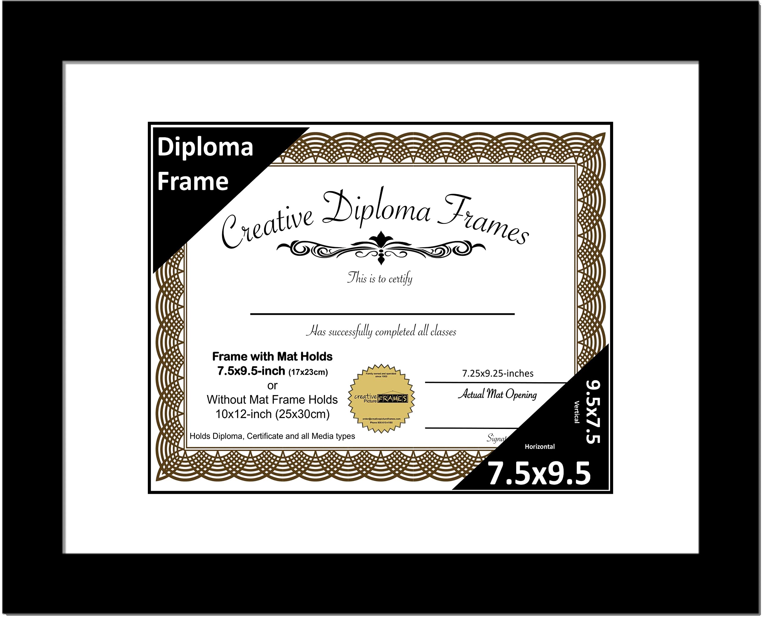 Creative Picture Frames 7.5x9.5 Classic Black Diploma Frame with White Mat Glass Easel and Installed Wall Hangers | Frame Holds 