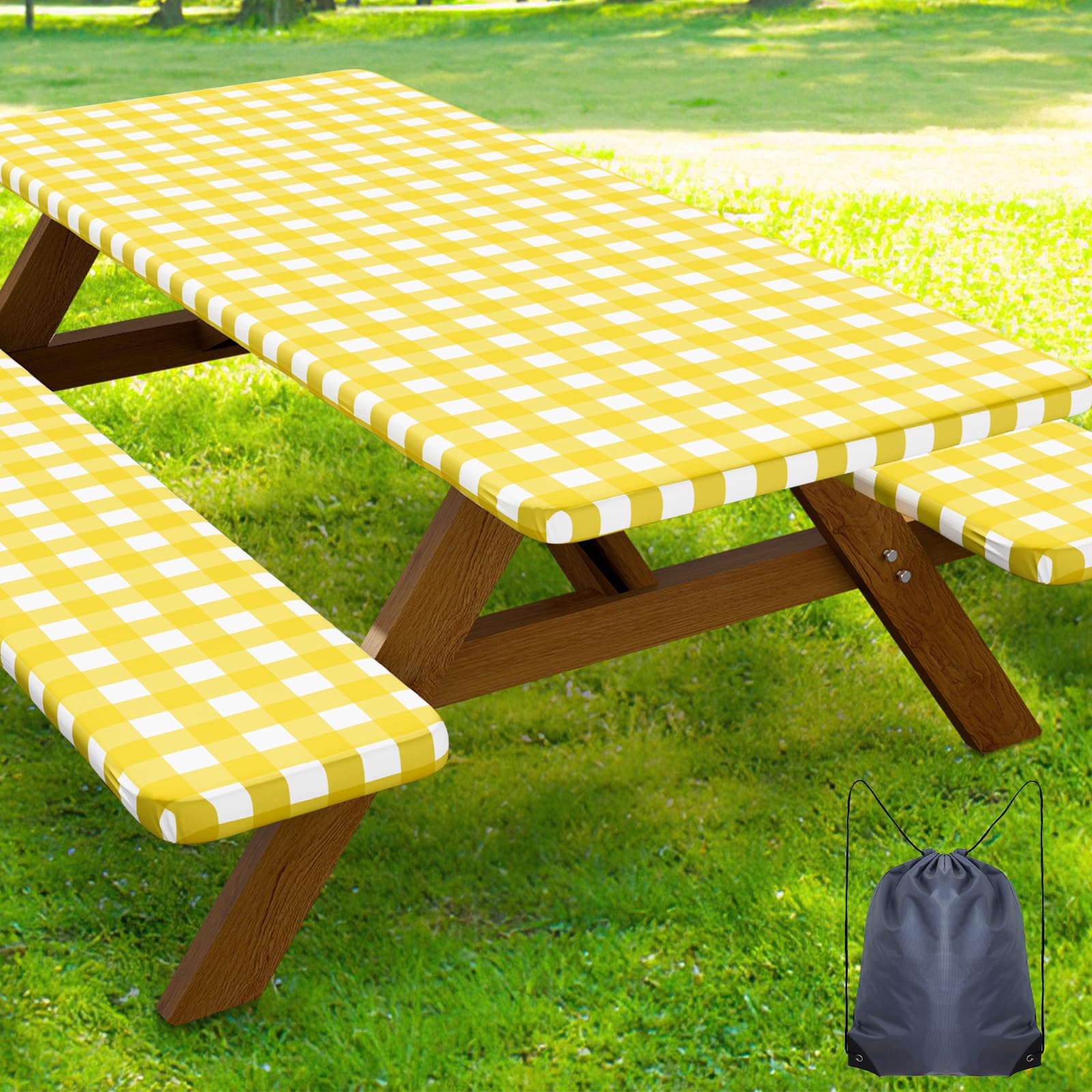 Smiry Picnic Table Cover with Bench Covers, Waterproof Elastic Fitted Tablecloths for 8 Foot Rectangle Tables, Washable Buffalo 