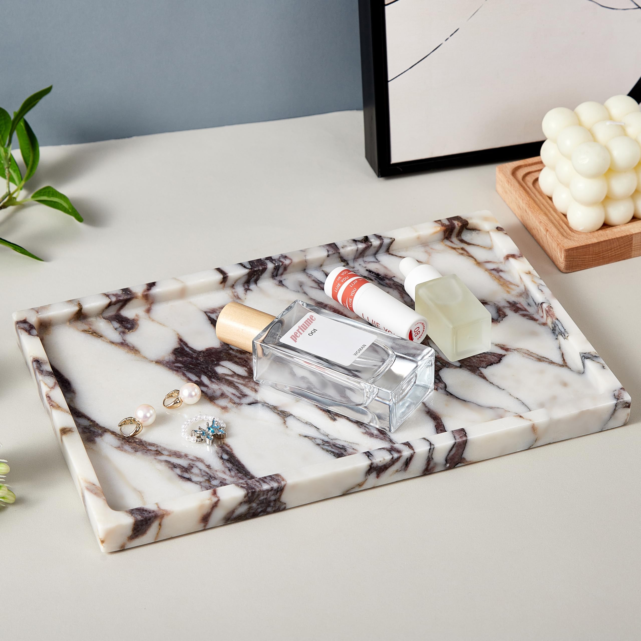 Denique Natural Marble Tray for Bathroom Countertop, Vanity Tray Stone Storage Tray for Home Decor, 12x8 Genuine Calacatta Viola
