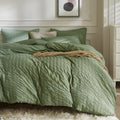 Jellymoni Dark Green Duvet Cover King Size, 3Pcs Washed Microfiber Bedding Set, Soft Breathable Seersucker Duvet Cover Set With