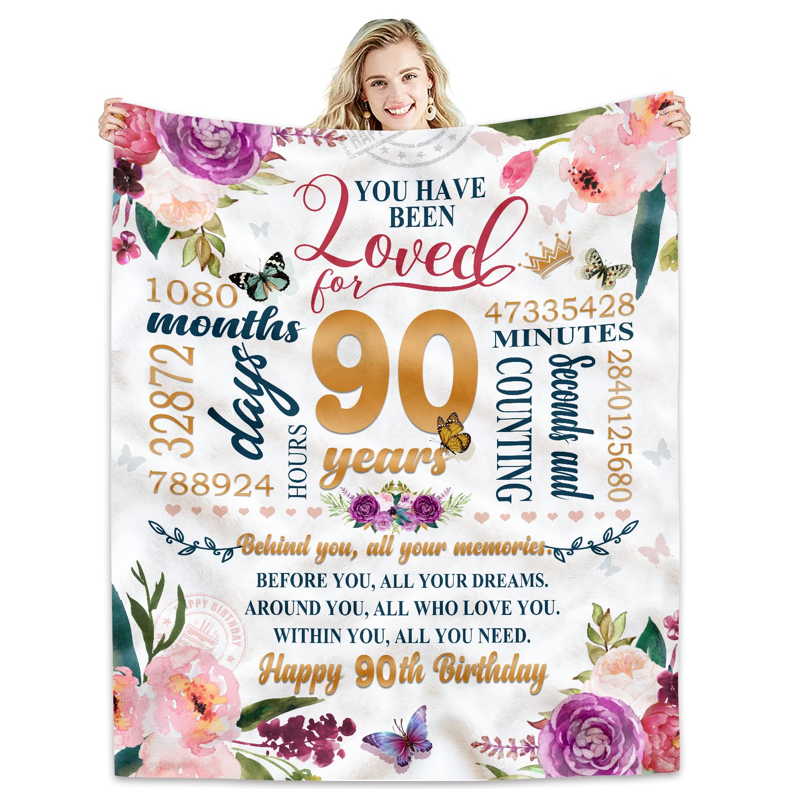 Hcoviv 90Th Birthday Gifts Women Blanket 50*60, Happy 90Th Birthday Gift Ideas, 90Th Birthday Decorations, Gifts For Women Turni