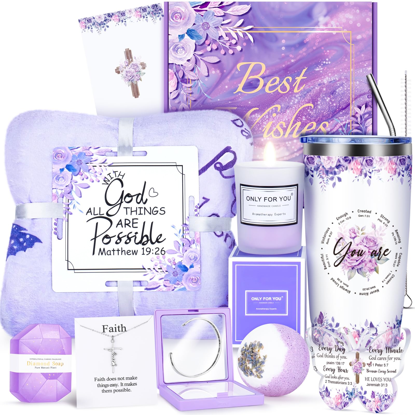 Christian Gifts For Women Faith,12Pcs Inspirational Gifts For Women,Spiritual Religious Catholic Gifts Basket,Purple Birthday Gi