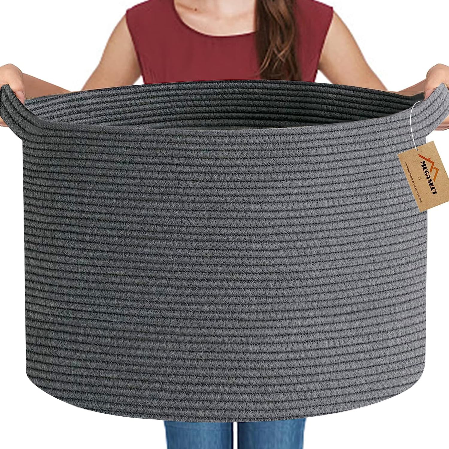 MEGASKET Large Dark Grey Storage Basket, Woven Cotton Rope Baskets for Storage, Big Blanket Organizer Storage Basket for Living 
