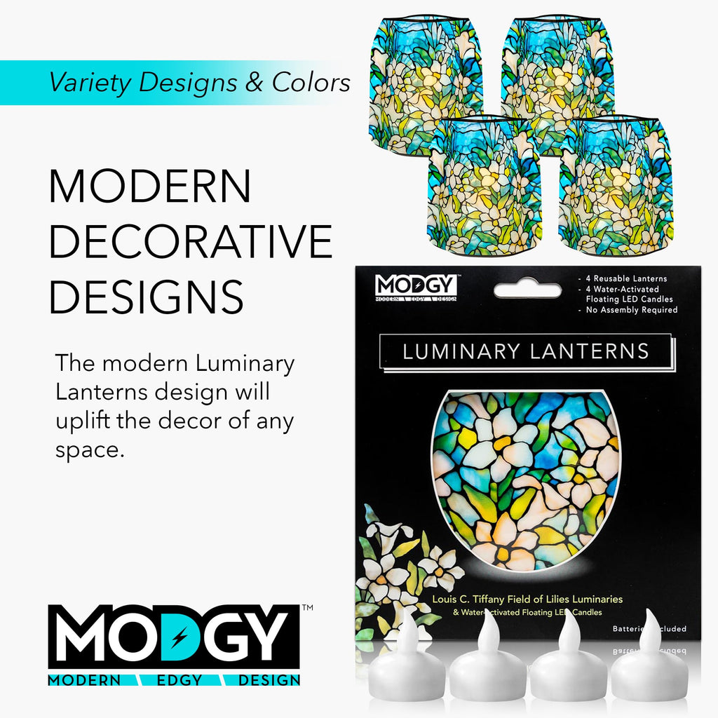 Modgy Luminary Decorative Lanterns For Indoor, Outdoor, Wedding Table Centerpiece Decor 4-Pack, With Flameless Floating Led Cand
