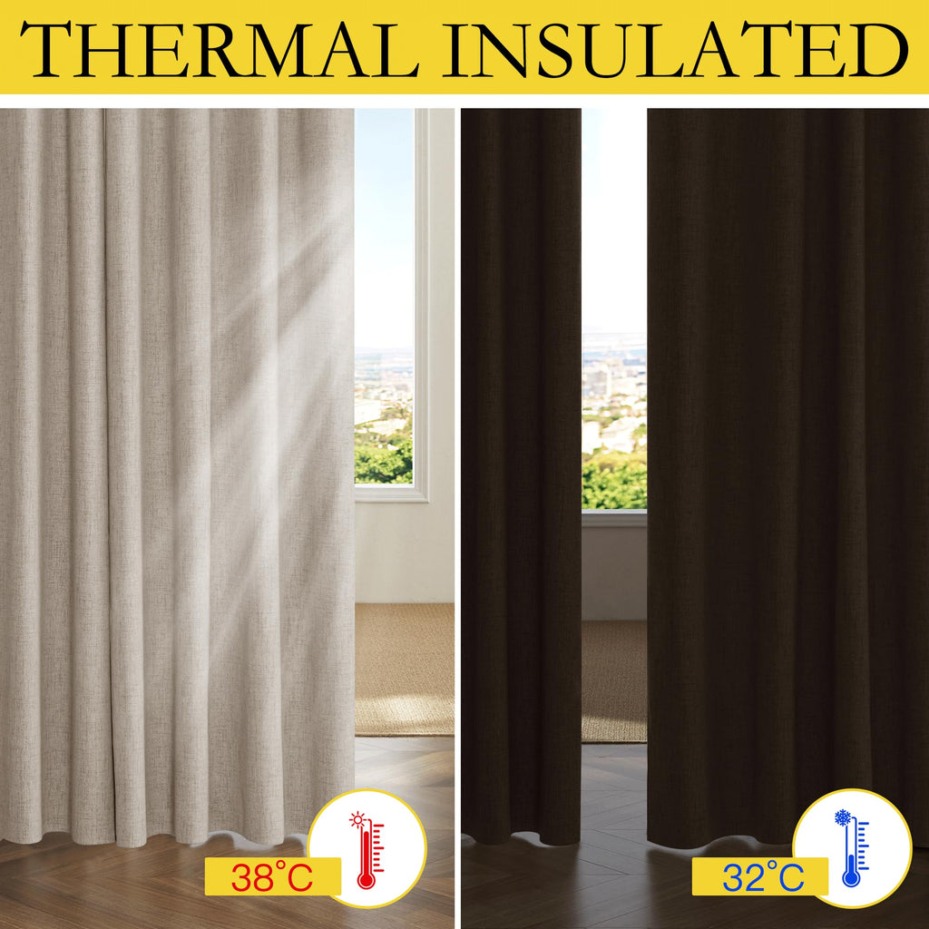 Nicetown Farmhouse Style 100% Blackout Oatmeal Linen Curtains 90 Inches Length, 2 Panels, 52' W, Room Cooling Window Draperies With Thermal Insulated Liners For Dining Room