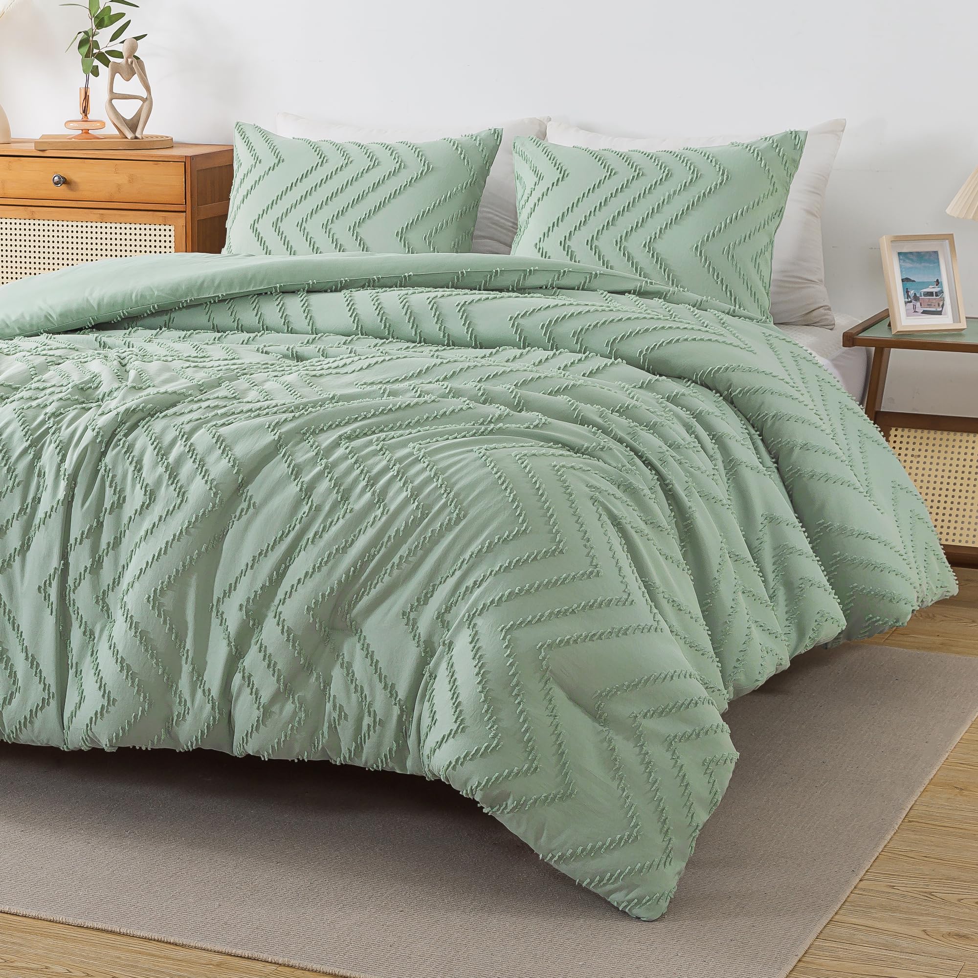 Andency Sage Green Comforter Set Queen, Boho Soft Fluffy Warm Lightweight Bedding Comforter Sets For Queen Bed, 3 Pieces Light G