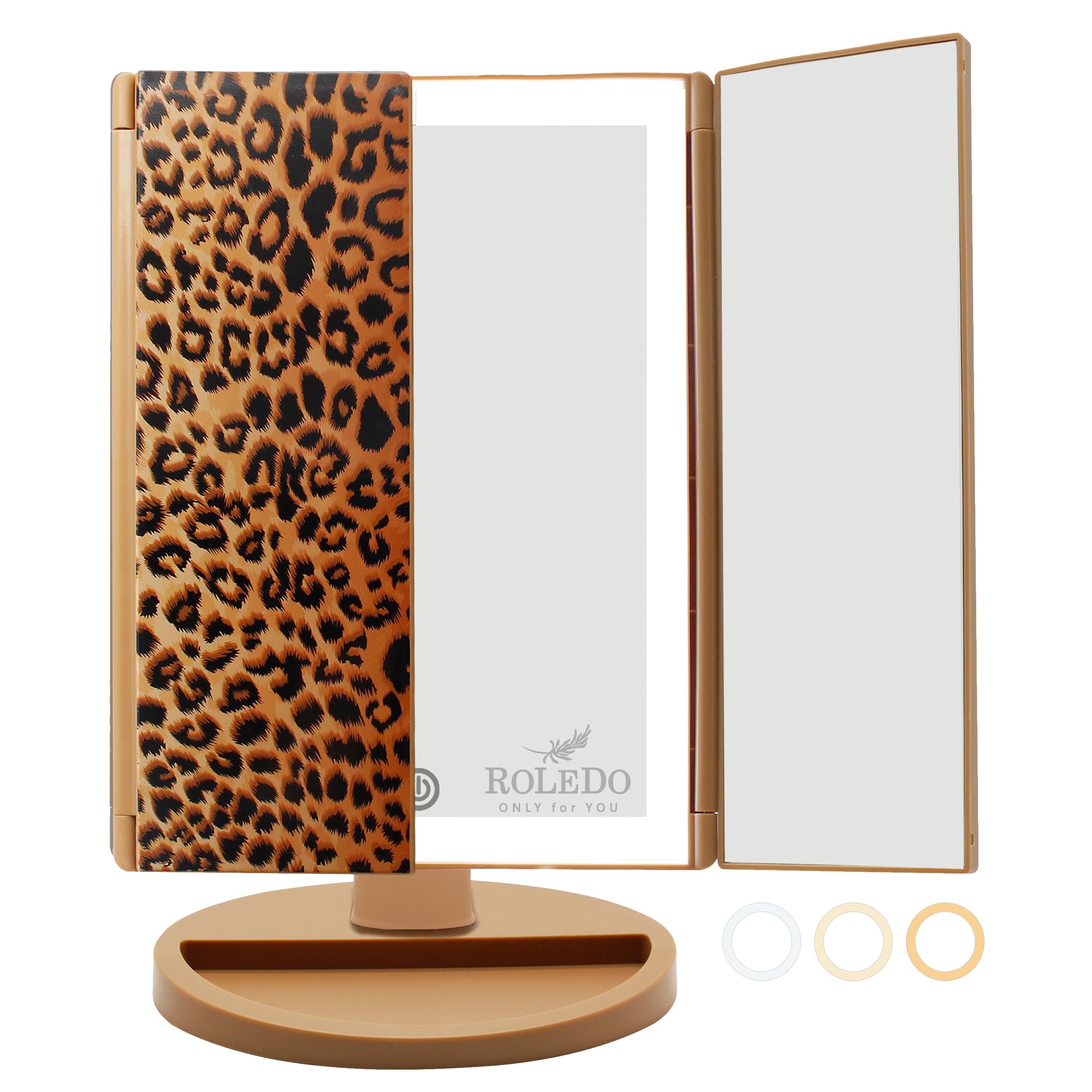 RoLeDo 3 Folds Lighted Vanity Makeup Mirror, 2X/3X Magnification, 72 LED Lights Desk Mirror with Touch Screen 3 Color Lighting, 