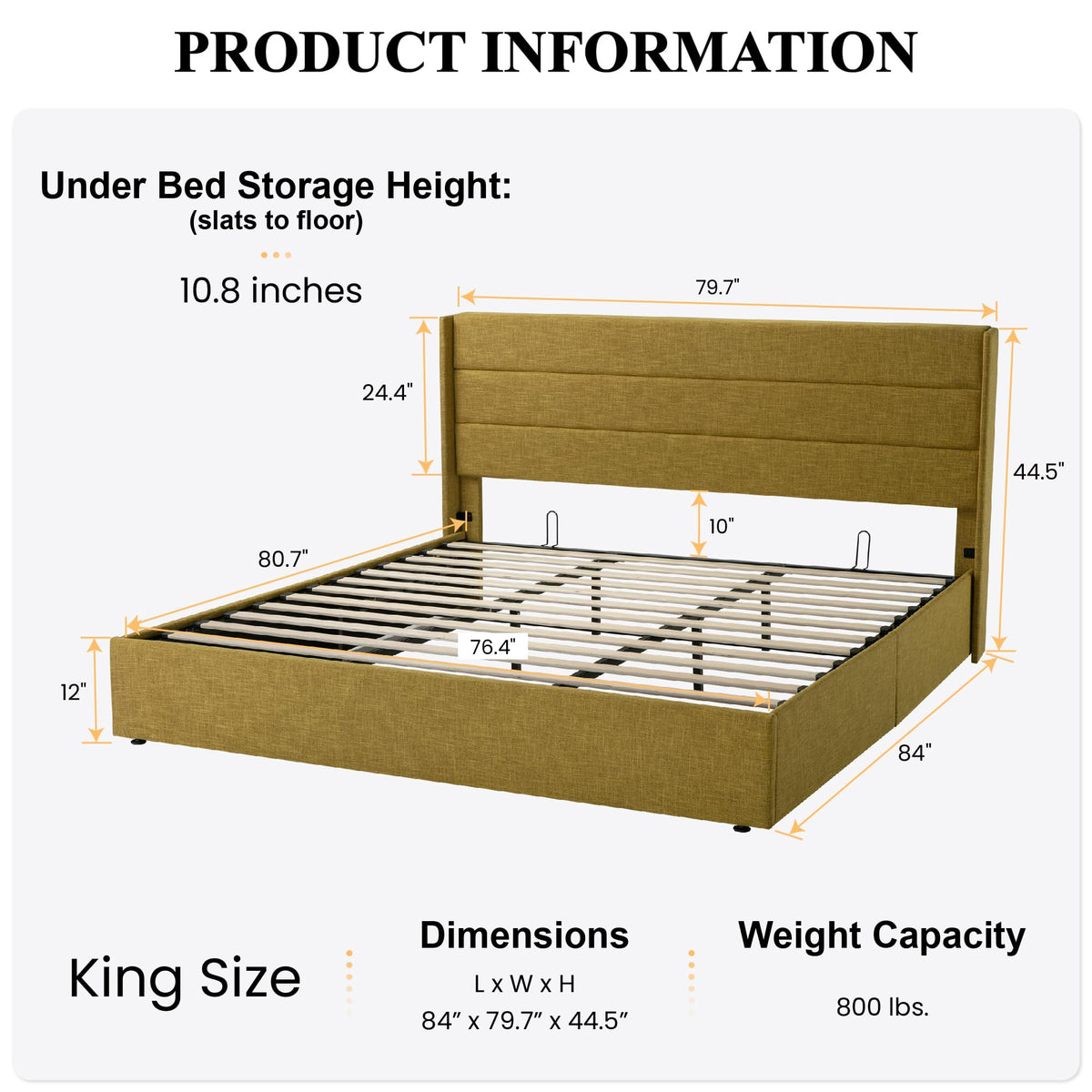 Sha Cerlin King Size Lift Up Storage Bed/Modern Wingback Headboard/Upholstered Platform Bed Frame/Hydraulic Storage/No Box Spring Needed/Wood Slats Support/Olive Yellow