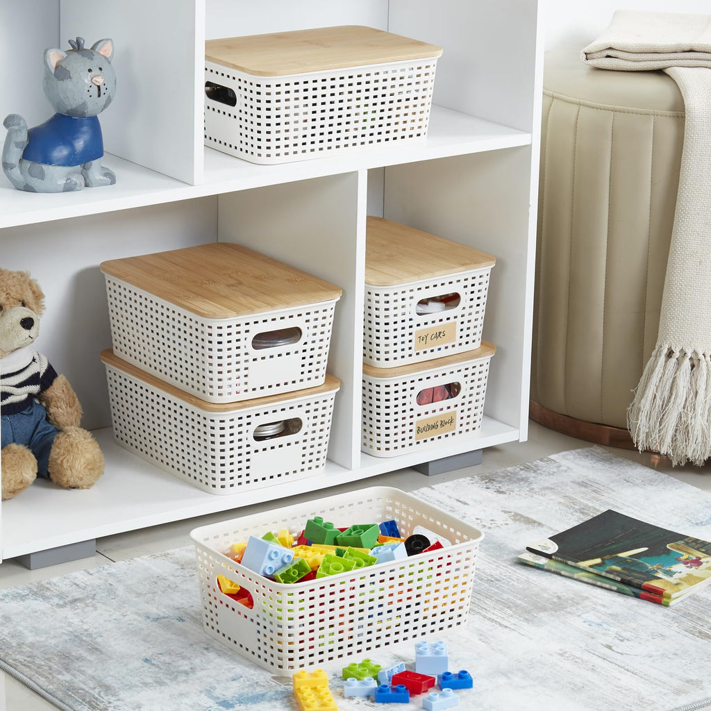 Bagnizer Small Plastic Storage Bins With Bamboo Lids 5.2Qt Stackable Box Basket Pantry Decorative Containers Cute With Lable For