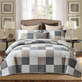 Pangushan 100% Cotton Quilt Set Queen Size,Patchwork Plaid Bedding Set Bedspreads,Farmhouse Lightweight Comforter,Grey/Gray/Blac