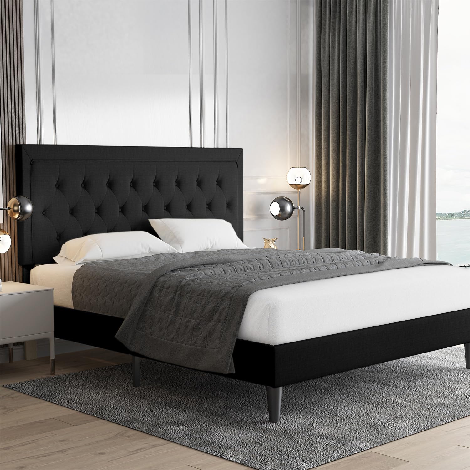 Allewie Queen Size Bed Frame Upholstered Platform Bed With Adjustable Headboard, Button Tufted, Wood Slat Support, Easy Assembly, Black