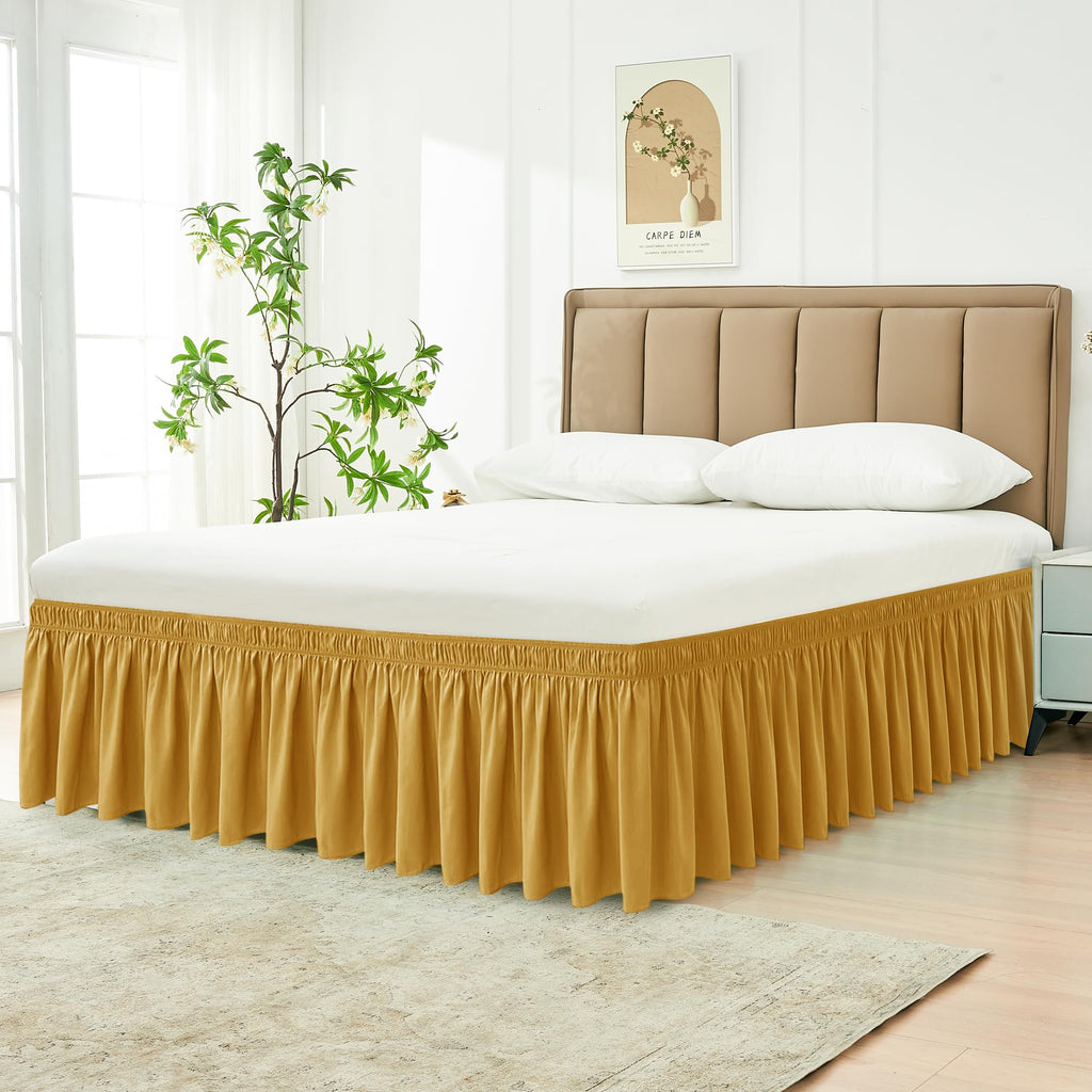 Biscaynebay Wrap Around Bed Skirts For King & Cal King Beds 16' Drop, Gold Adjustable Elastic Dust Ruffles Easy Fit Wrinkle Resistant Silky Luxurious Fabric Machine Washable