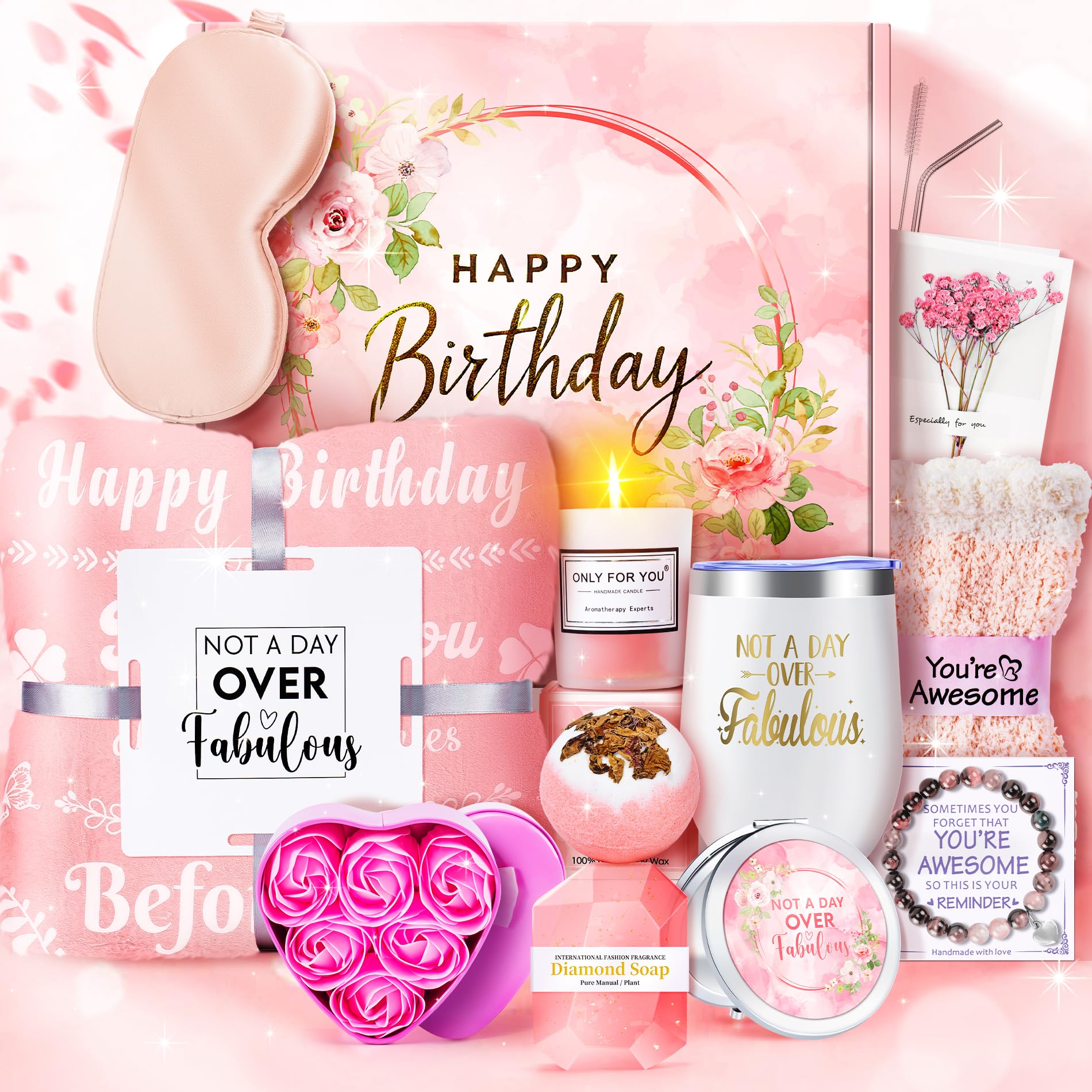 15Pcs Birthday Gifts For Women,Mom, Wife, Girlfriend, Sister, Her- Pink Happy Birthday Relaxing Gift Set Self Care Package Get W