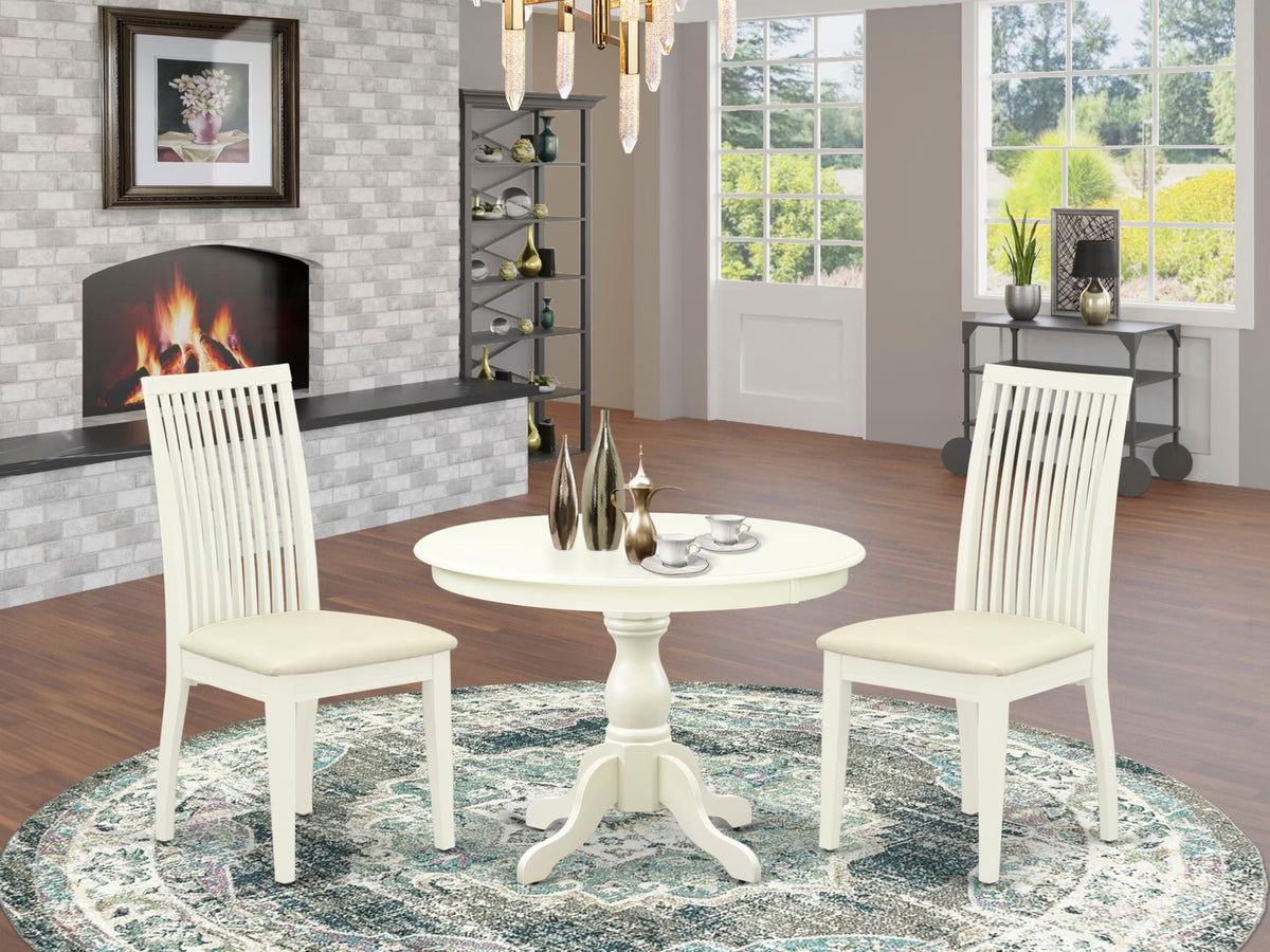 East West Furniture HBIP3-LWH-C 3 Piece Dinette Set for Small Spaces Contains a Round Dining Table with Pedestal and 2 Linen Fabric Upholstered Dining Chairs, 42x42 Inch, Linen White