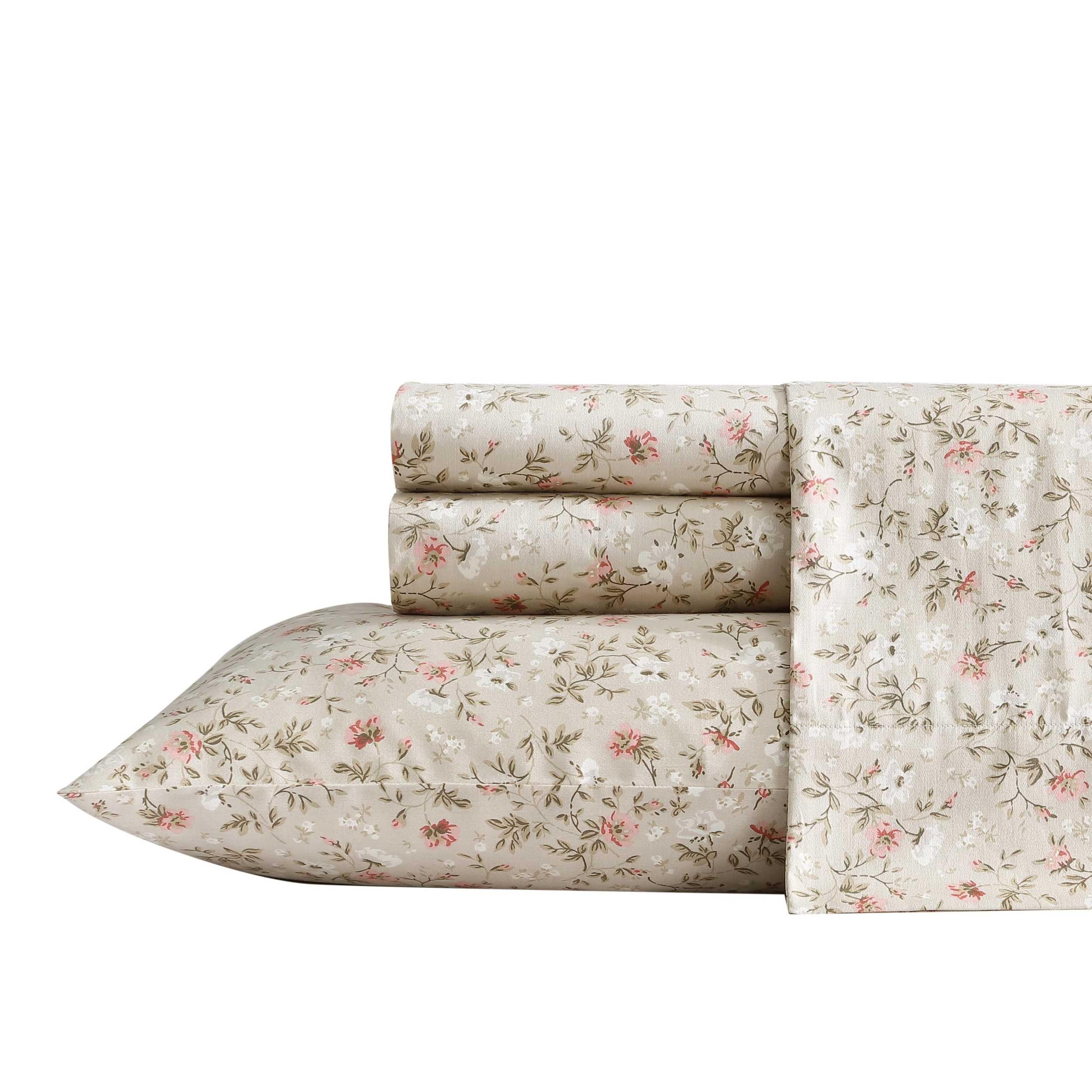 Laura Ashley - Queen Sheets, Soft Sateen Cotton Bedding Set, Sleek, Smooth, & Breathable Home Decor (Bonnie Beige, Queen)