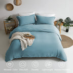 Mildly Super Soft Duvet Cover - 100% Washed Microfiber Grayish Blue Comforter Cover Set 3 Pieces With Zipper Closure & Corner Ti