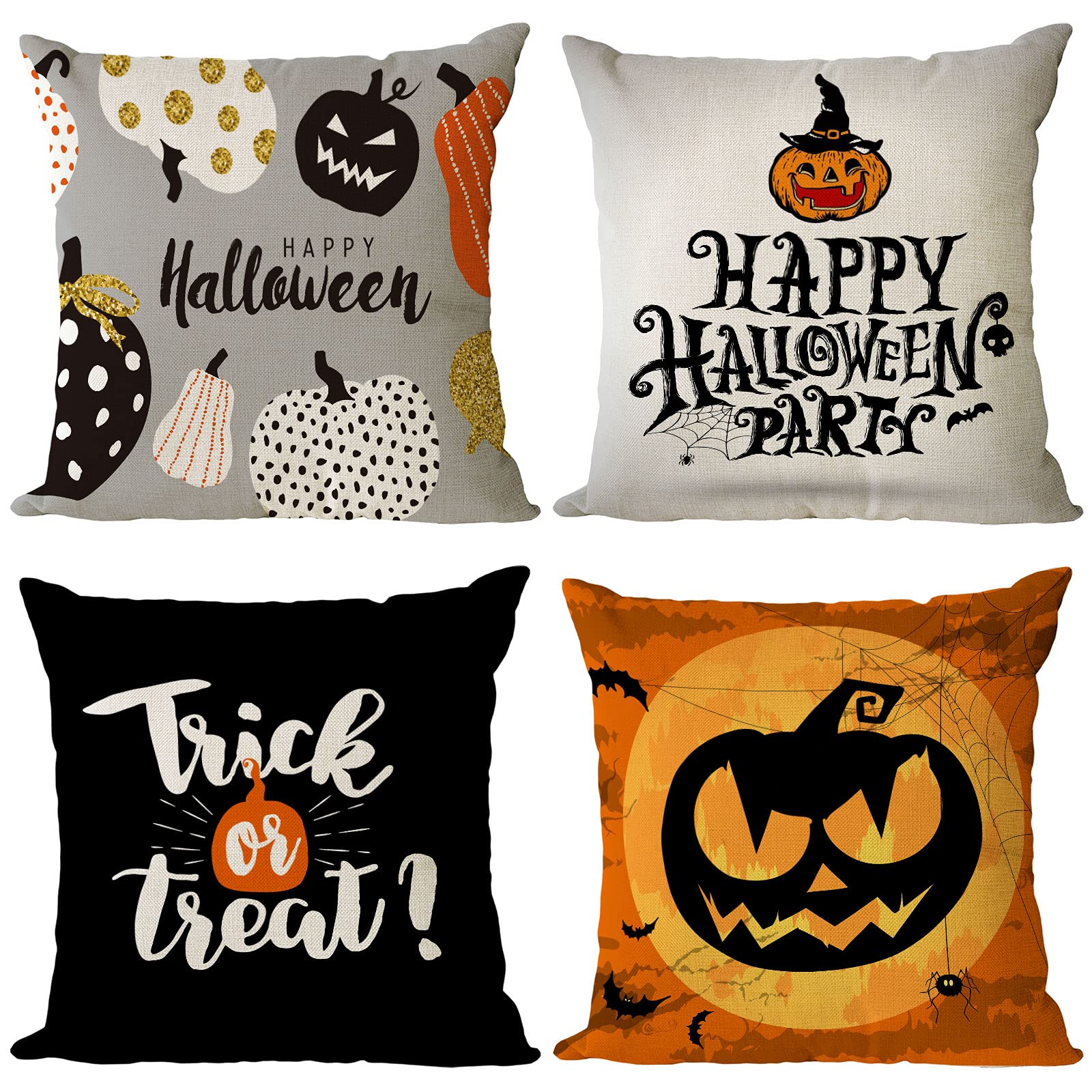 Yeeju Set Of 4 Halloween Pillow Covers 20X20 Inch Trick Or Treat Pumpkin Decor Throw Pillow Covers Black Halloween Cushion Cover