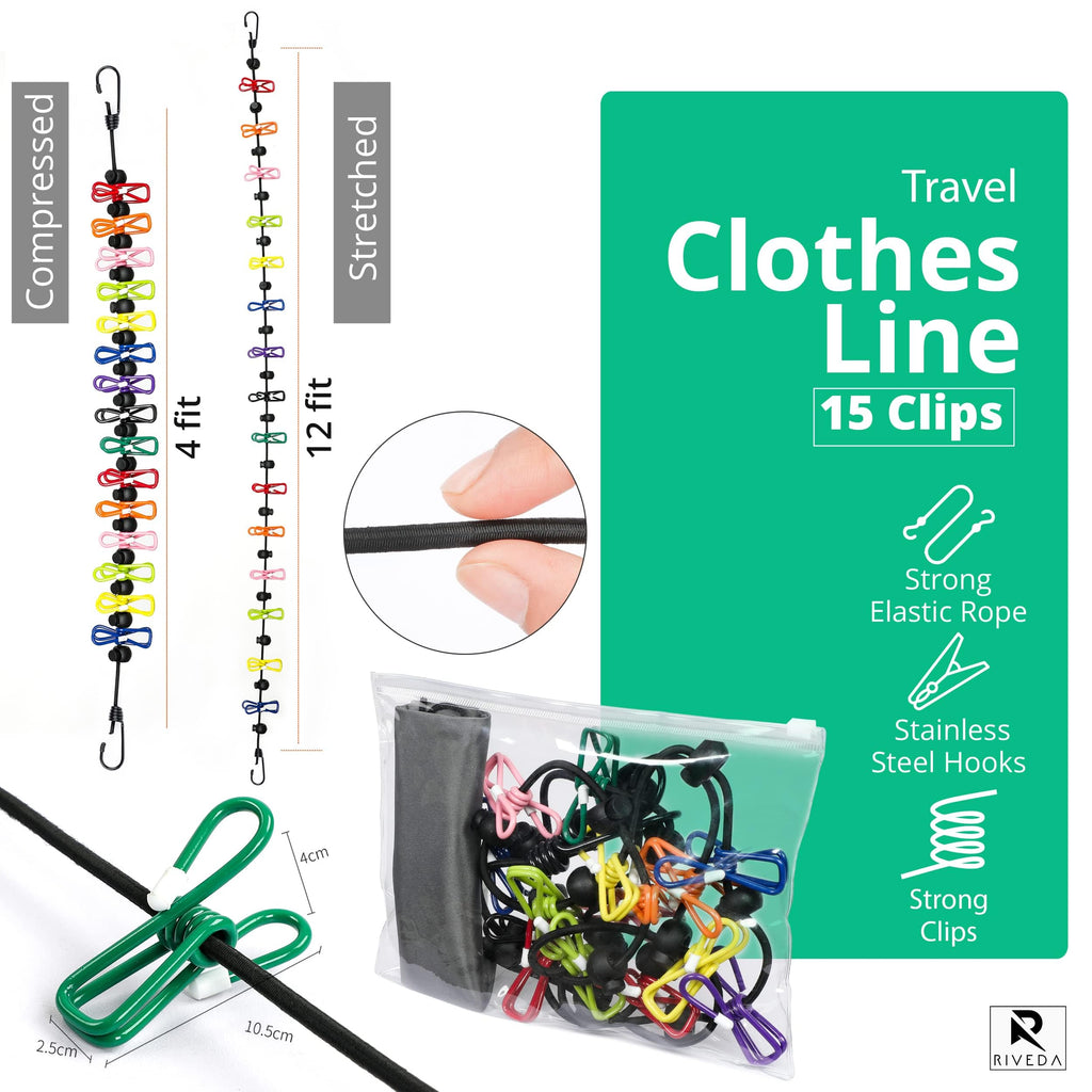Portable Travel Clothesline With 15 Colorful Clips & Bag, Elastic Rv & Camping Clothes Line For Indoor Laundry Drying Line & Out