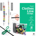 Portable Travel Clothesline With 15 Colorful Clips & Bag, Elastic Rv & Camping Clothes Line For Indoor Laundry Drying Line & Out