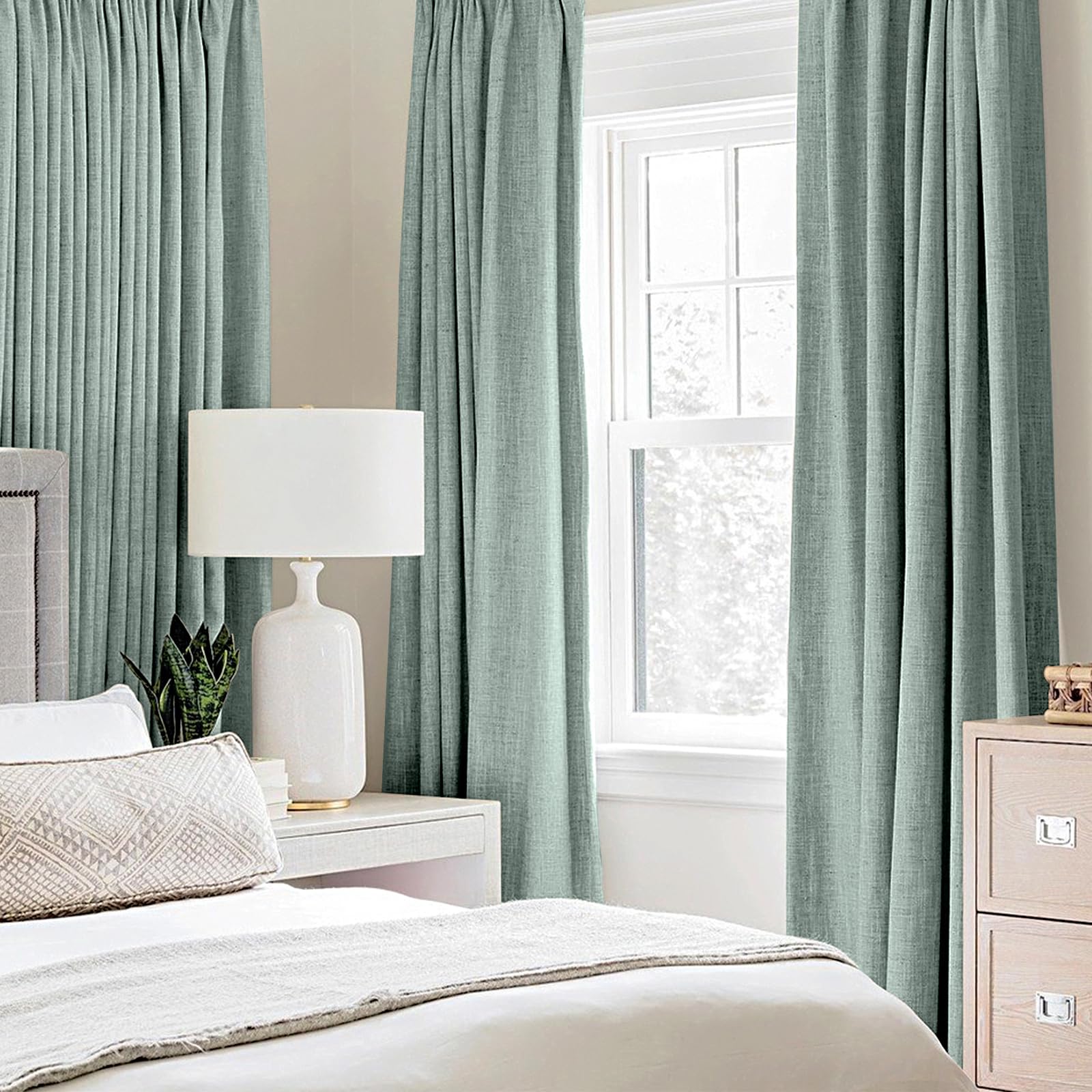 Miulee Linen Blackout Curtains And Drapes 100% Room Darken Thermal Insulated Grommet Window Panels With Coating 2 Pcs W 42 X L 84 Inches Seafoam Green