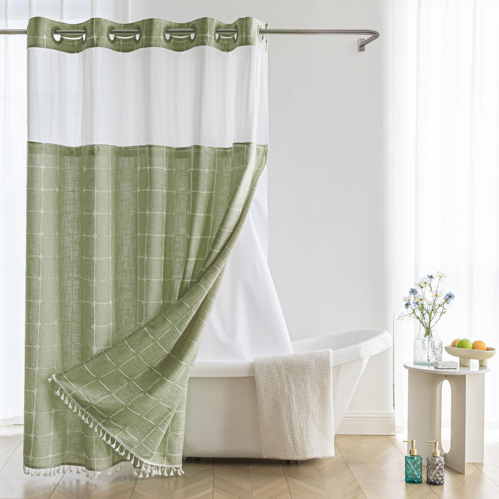 River Dream Sage Green Farmhouse Shower Curtain with Snap-in Liner, No Hooks Needed,with Window, with Magnets,with Tassels,Water