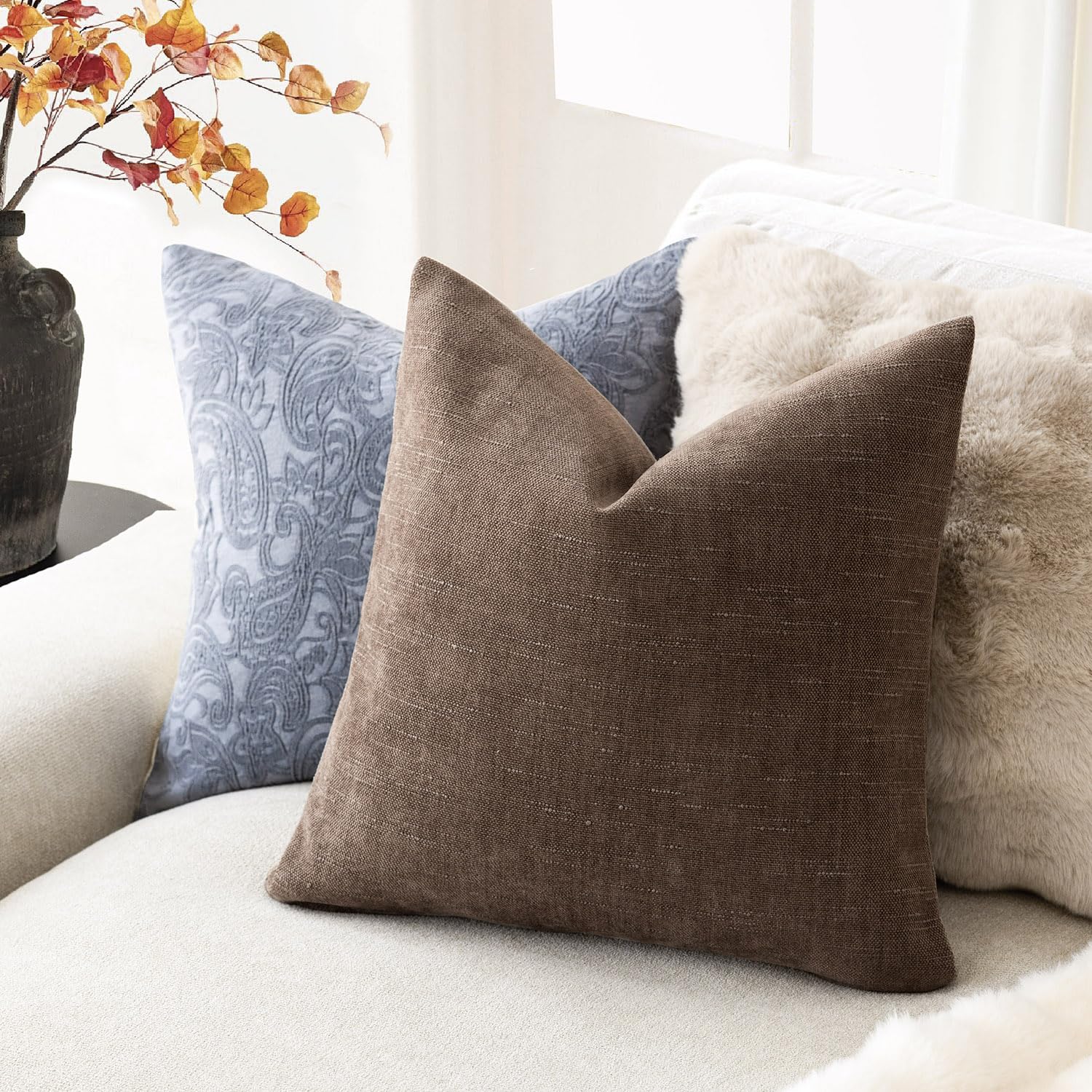 Foindtower Set Of 2 Soft Textured Chenille Throw Decorative Pillow Covers Square Accent Solid Cushion Cover Cozy Neutral Farmhou
