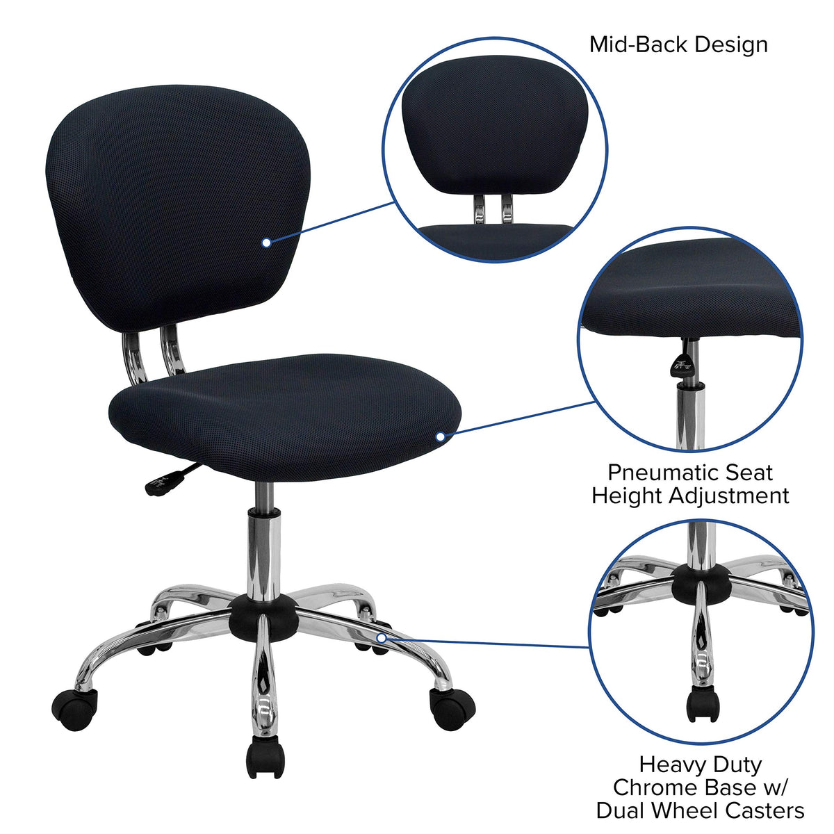 Flash Furniture Beverly Mid-Back Gray Mesh Padded Swivel Task Office Chair with Chrome Base
