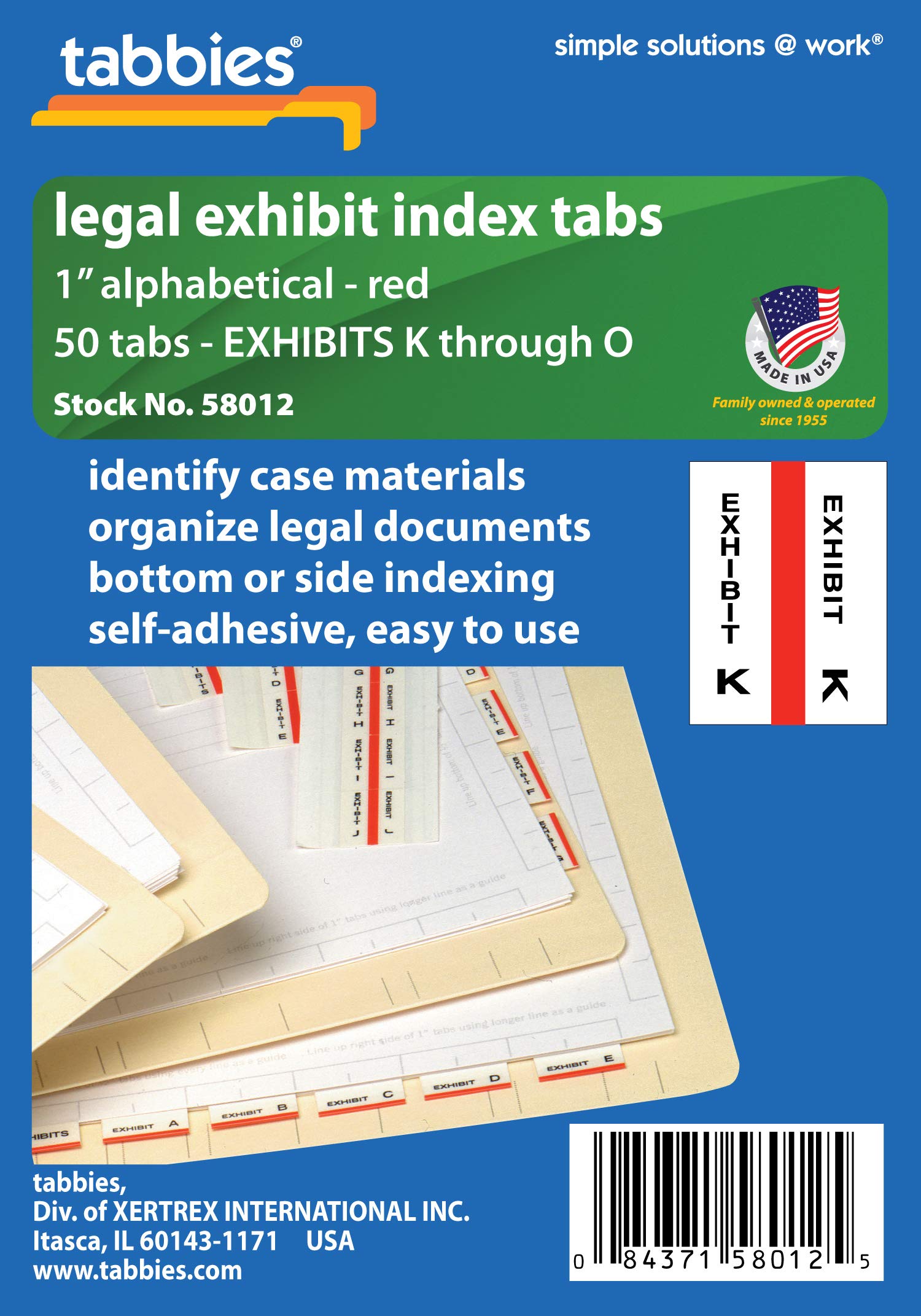 Tabbies Legal Alphabetical Exhibit Index Tabs, 1' Tabs, Red Color Edge, Exhibit K - O', 50 Tabs/Pack (58012)