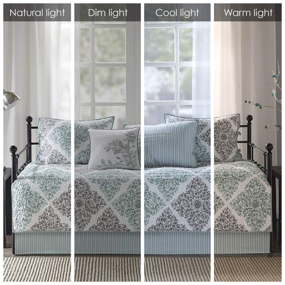 Madison Park Daybed Cover Set - Double Sided Quilting Casual Design, All Season Bedding With Bedskirt, Matching Shams, Decorative Pillow, 75'X39', Diamond Aqua 6 Piece