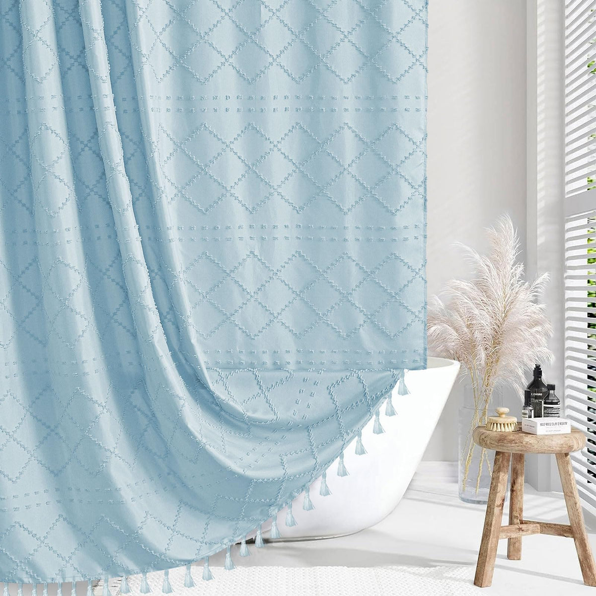 Siiluminisoy Fog Blue Boho Shower Curtain Woven Fabric Shower Curtain, 72 X 72 Tufted Chevron Textured Striped Modern Farmhouse