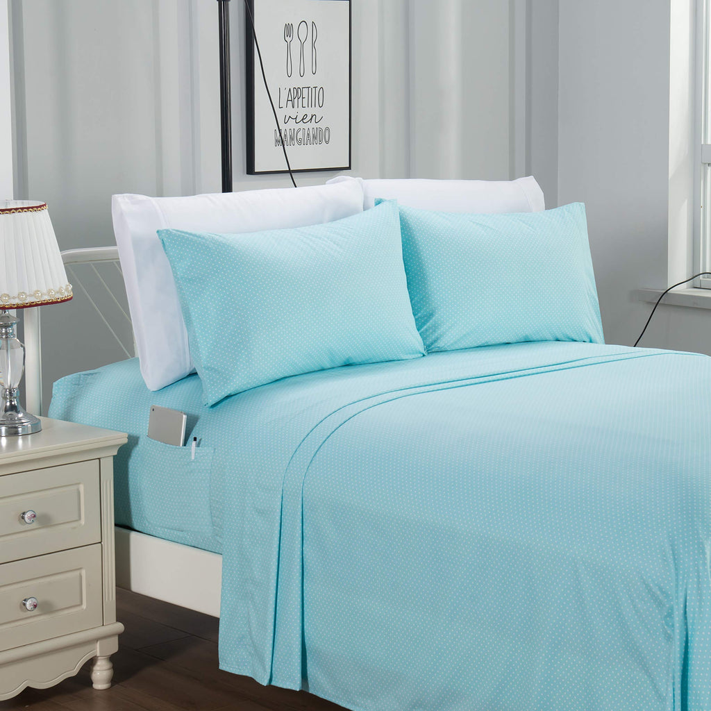 Elegant Comfort Delilah Polkadot 4-Piece Set, Fade & Wrinkle Resistant, 1500 Premium Hotel Quality Microfiber Deep Pocket Fitted Sheet Featuring Smart Pockets, Polkadot Sheet Set, Twin Xl, Aqua