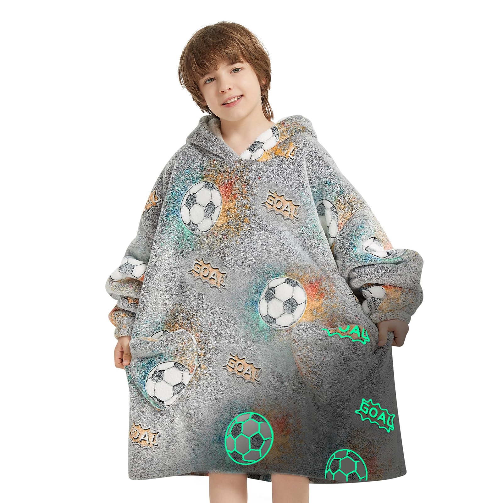 Wearable Blanket Hoodie For Kids Oversized Sherpa Blanket Hoodie For Kids Boys Girls Teens 6-13Yr,Glow In The Dark Football