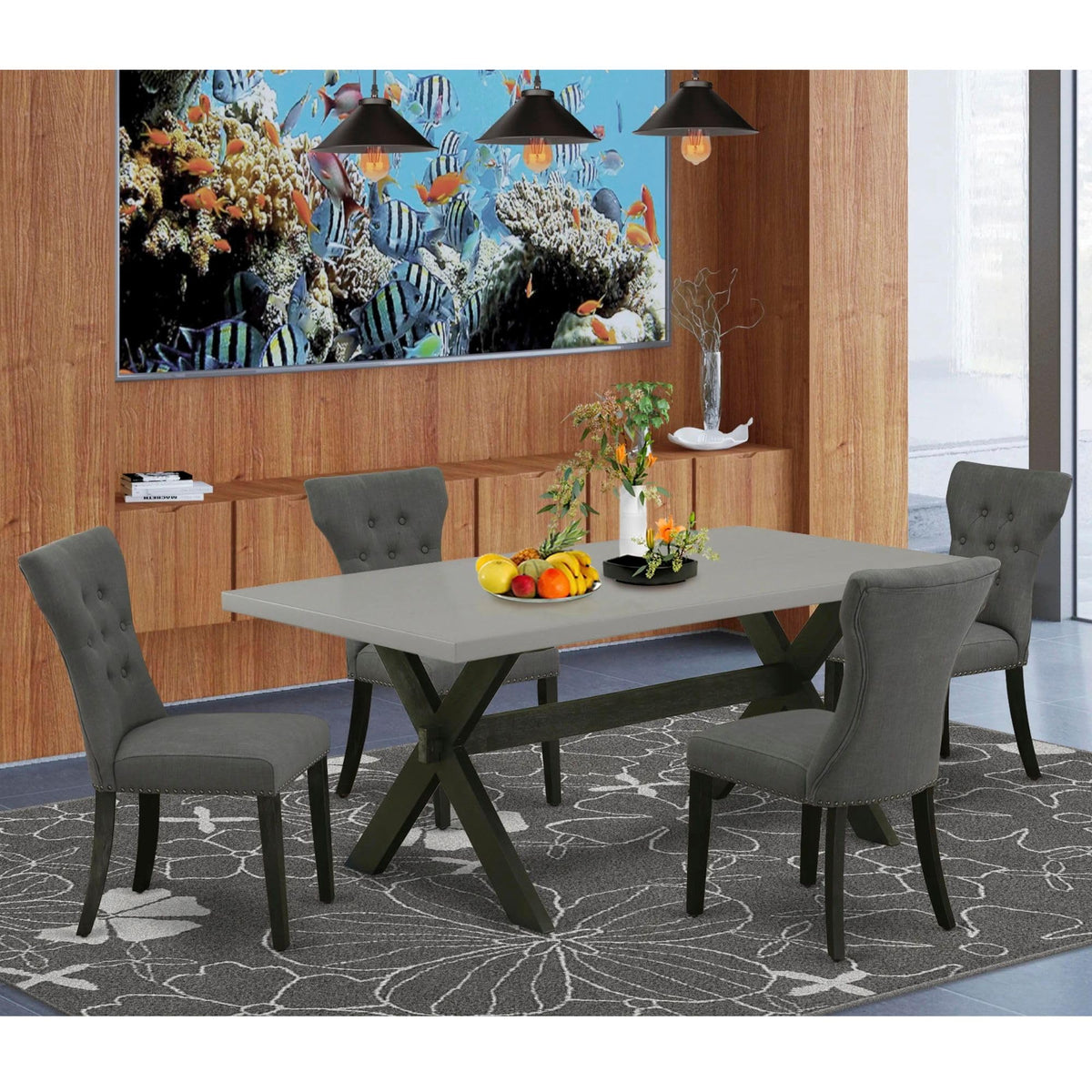 East West Furniture X697Ga650-5 5 Piece Kitchen Table Set Includes A Rectangle Dining Table With X-Legs And 4 Dark Gotham Linen Fabric Parson Dining Room Chairs, 40X72 Inch, Multi-Color