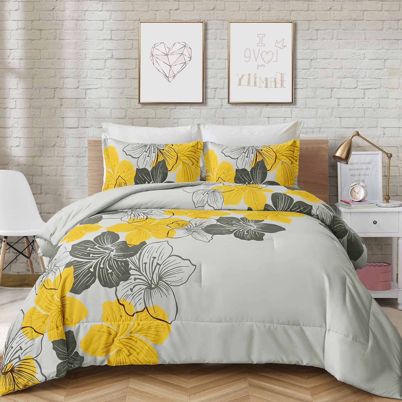 Menghomeus California King Comforter Set Yellow Floral Pattern Printed On Grey Cal King Bedding Set Soft Microfiber Boho Bed Set