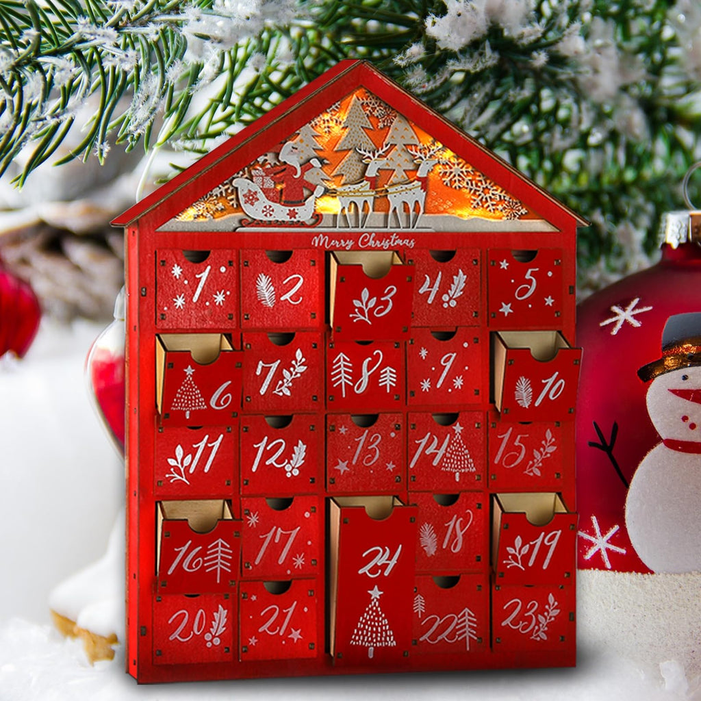 MorTime Lighted Wooden Advent Calendar with 24 Drawers, Red House Design, Christmas Decoration, Model T-FD-228