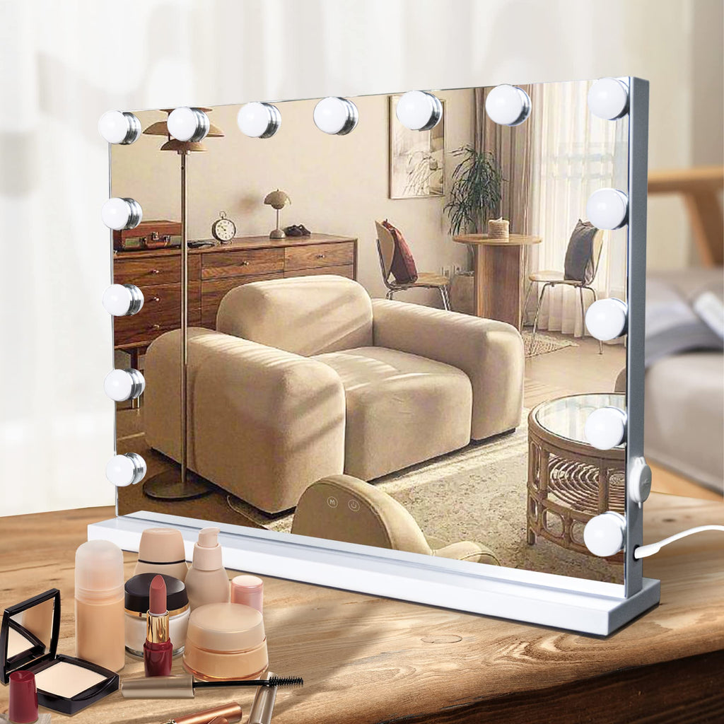 SLIMOON Hollywood Vanity Mirror with Lights, 15 Dimmable LED Bulbs 3 Color Lighted Makeup Mirror with Detachable 10X Magnificati