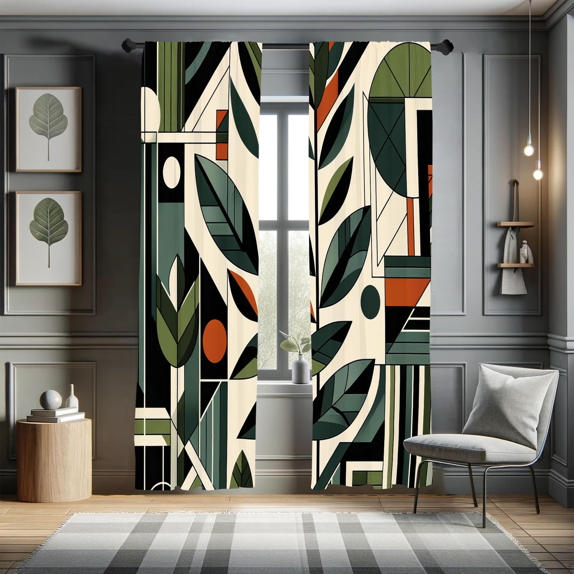 Ambesonne Mid Century Modern Window Curtains Pack Of 2, Abstract Design Of Futurist Boho Jungle And Geometric Leaves, Lightweigh