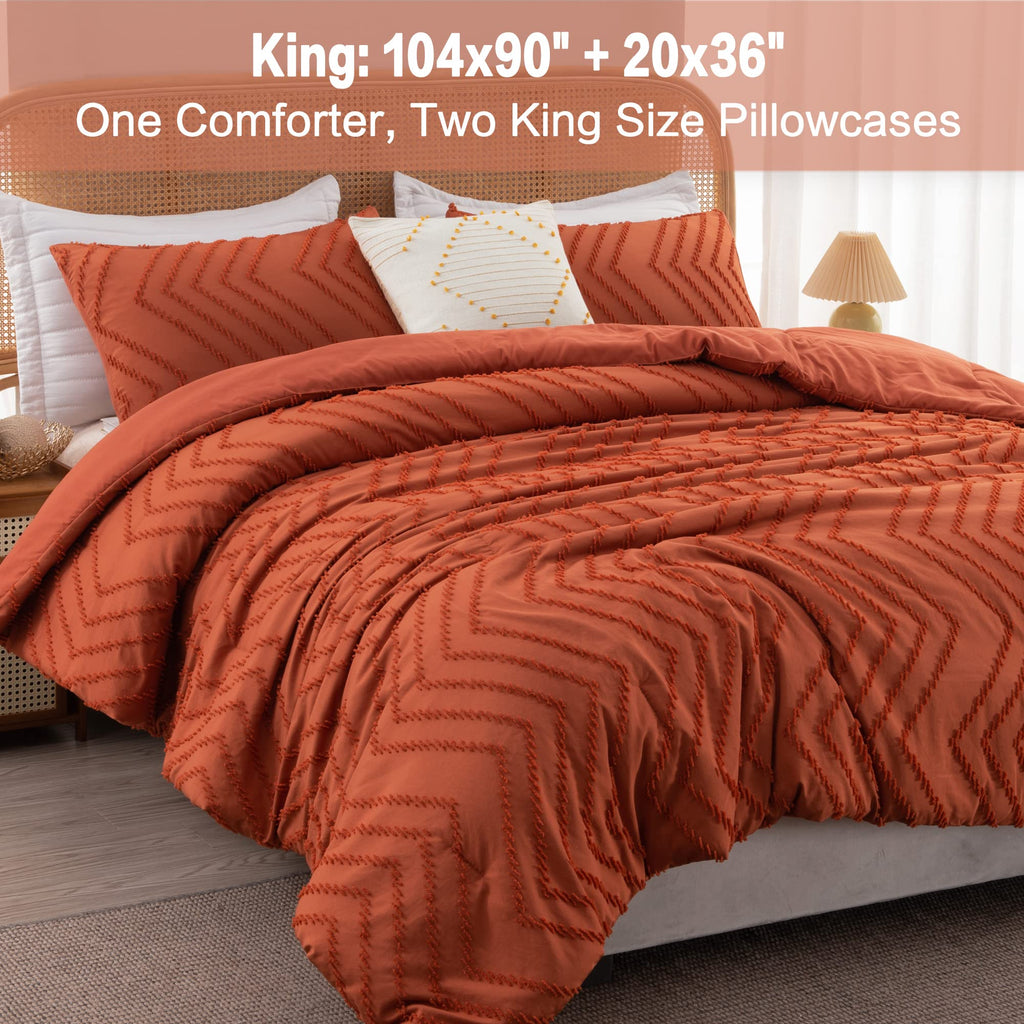 Litanika Burnt Orange King Comforter Set, 3 Pieces Lightweight Terracotta Rust Boho Fall Tufted Bedding Sets, Down Alternative C