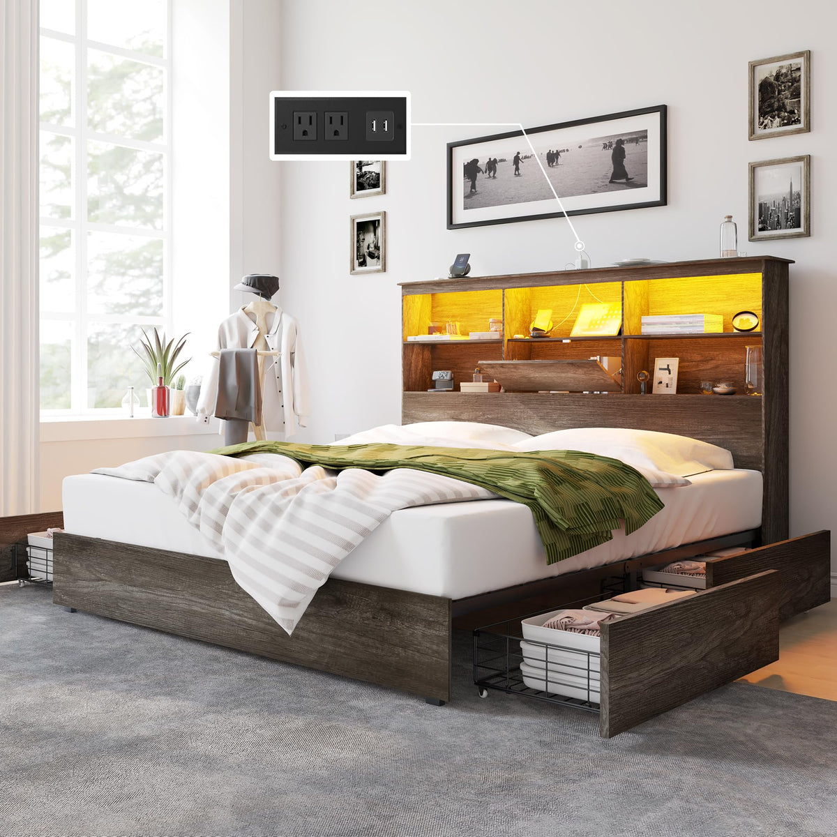 AMERLIFE King Size Bed Frame Wooden Platform Bed with 51.2 Storage LED Bookcase Headboard, 4 Storage Drawers & Charging Station/