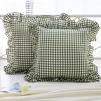 Mywinlle Sage Green Plaid Ruffle Throw Pillow Covers For Couch 20''X20'',2 Pack Vintage Checkered Washed Cotton Pillow Cases For