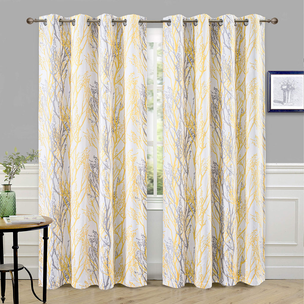 Driftaway Yellow White Tree Branch Blackout Curtains For Bedroom 84' Long Yellow Branch Lined Window Treatment Thermal Grommet