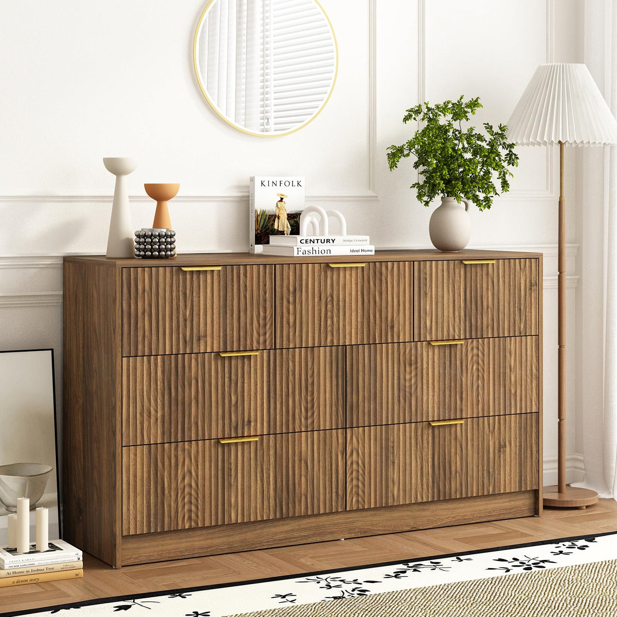 Sscaktu 7 Drawers Dresser For Bedroom,55' Wide Fluted Dresser With Deep Drawers, Modern Chest Of Drawers, Mid Century Wood Tv S