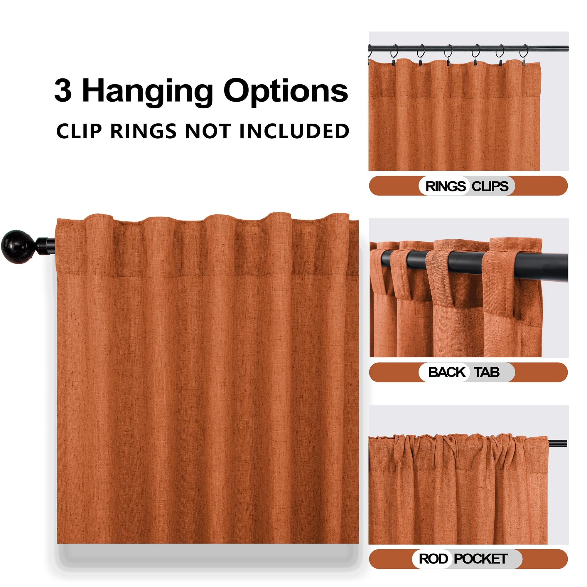 Mrs.Naturall Burnt Orange Curtains 84 Inch Length For Living Room,Back Tab Fall Funky Boho Decor Linen Semi Sheer Curtain Drapes For Bedroom 84 Inches Long Set 2 Panels