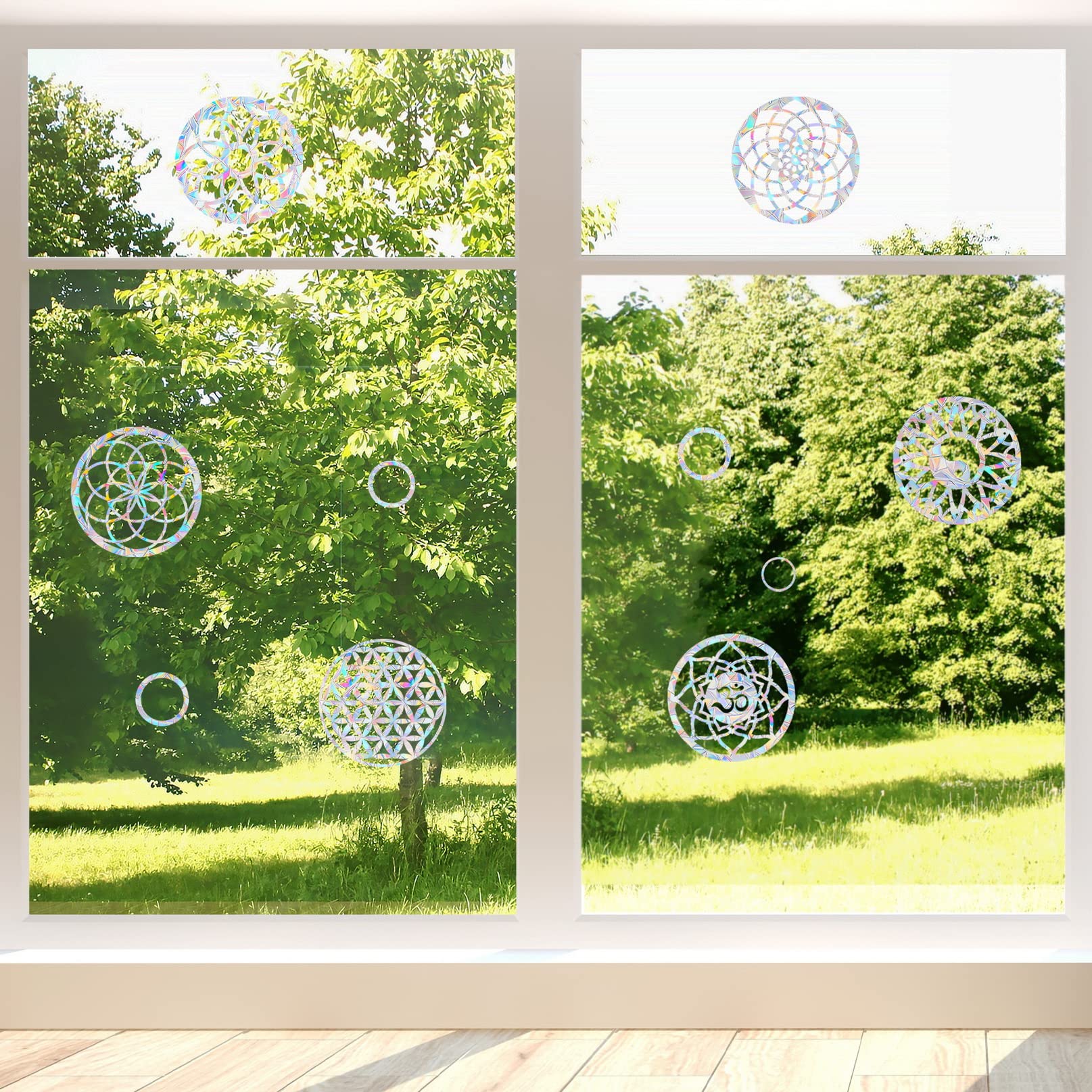 6 Big Mandala Window Decals For Bird Strikes - Anti-Collision Window Clings To Save Birds From Window Collisions,Non Adhesive Pr
